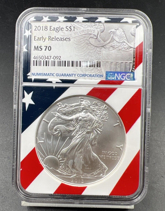 2018 P 1 oz ASE American Silver Eagle NGC MS70 USA Flag Label - Some Toning