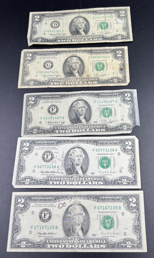 Lot of 5 Cull 1976 $2 Two Dollar FRN Bicentennial Federal Reserve Notes Very Cir