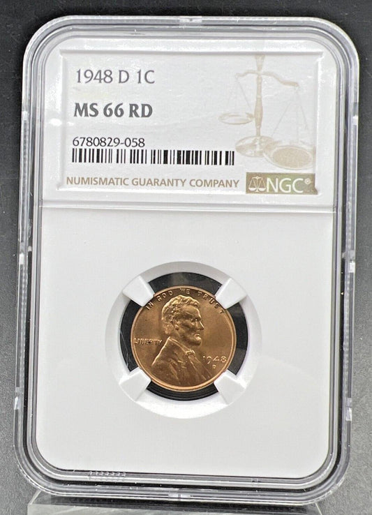 1948 D 1c Lincoln Wheat Cent Penny Coin MS66 RD NGC Gem BU