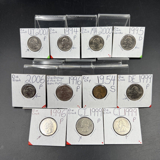Learner's Set of 11 Minor Die Variety US Coins Die Chips & Cracks 25c 10c & 1c