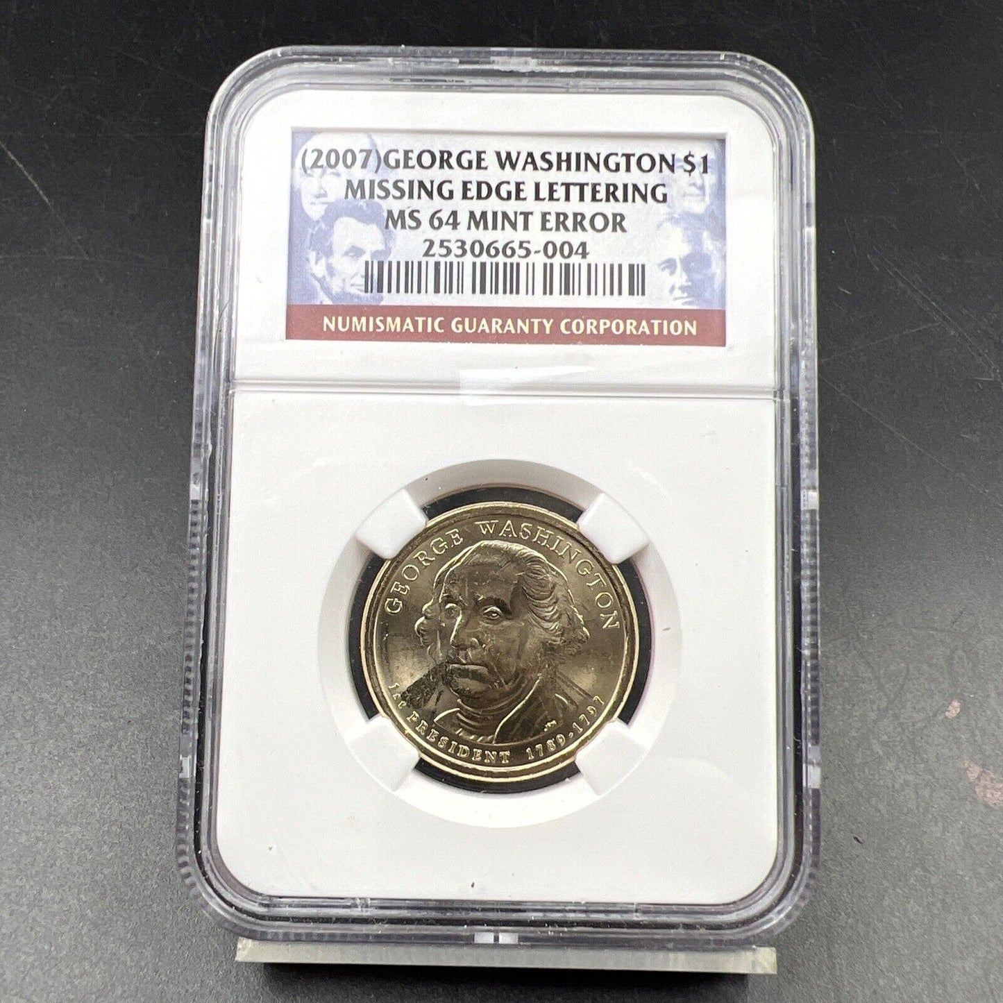 2007 Washington Presidential Dollar Coin Missing Edge Lettering Error NGC MS64