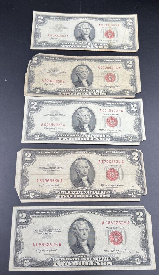 Lot of 5 1963 1953 $2 Two Dollar US Red Seal Legal Tender Bills Culls Very Circ