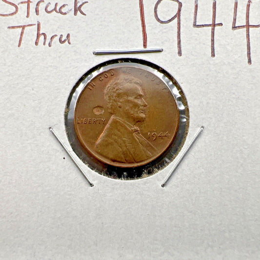 1944 P Lincoln WHEAT Cent Penny Error Coin Struck Thru Obverse XF EF Circ
