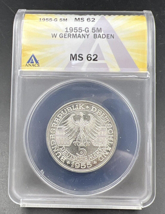 1955 G 5M West Germany Baden 5 Five Marks Silver Coin ANACS MS62