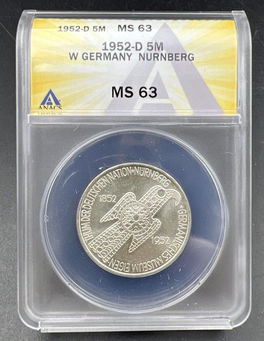 1952 D 5M West Germany Nurnberg 5 Five Marks Silver Coin ANACS MS63