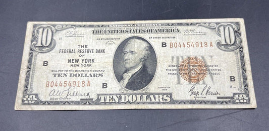 1929 $10 New York City FRN Federal Reserve National Bank Note Choice Fine Circ