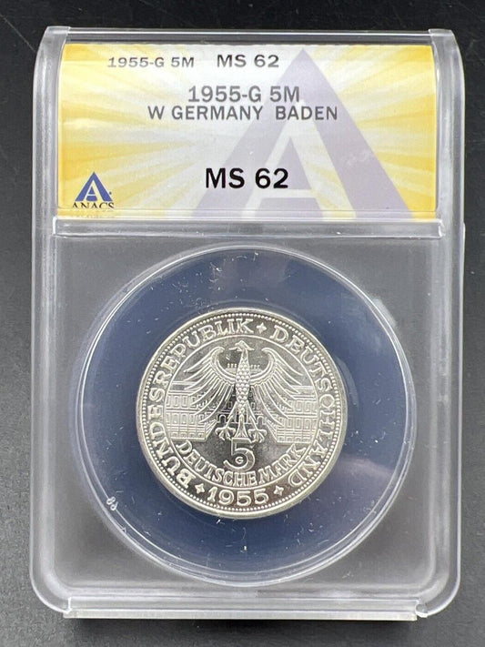 1955 G 5M West Germany Baden 5 Five Marks Silver Coin ANACS MS62 #043