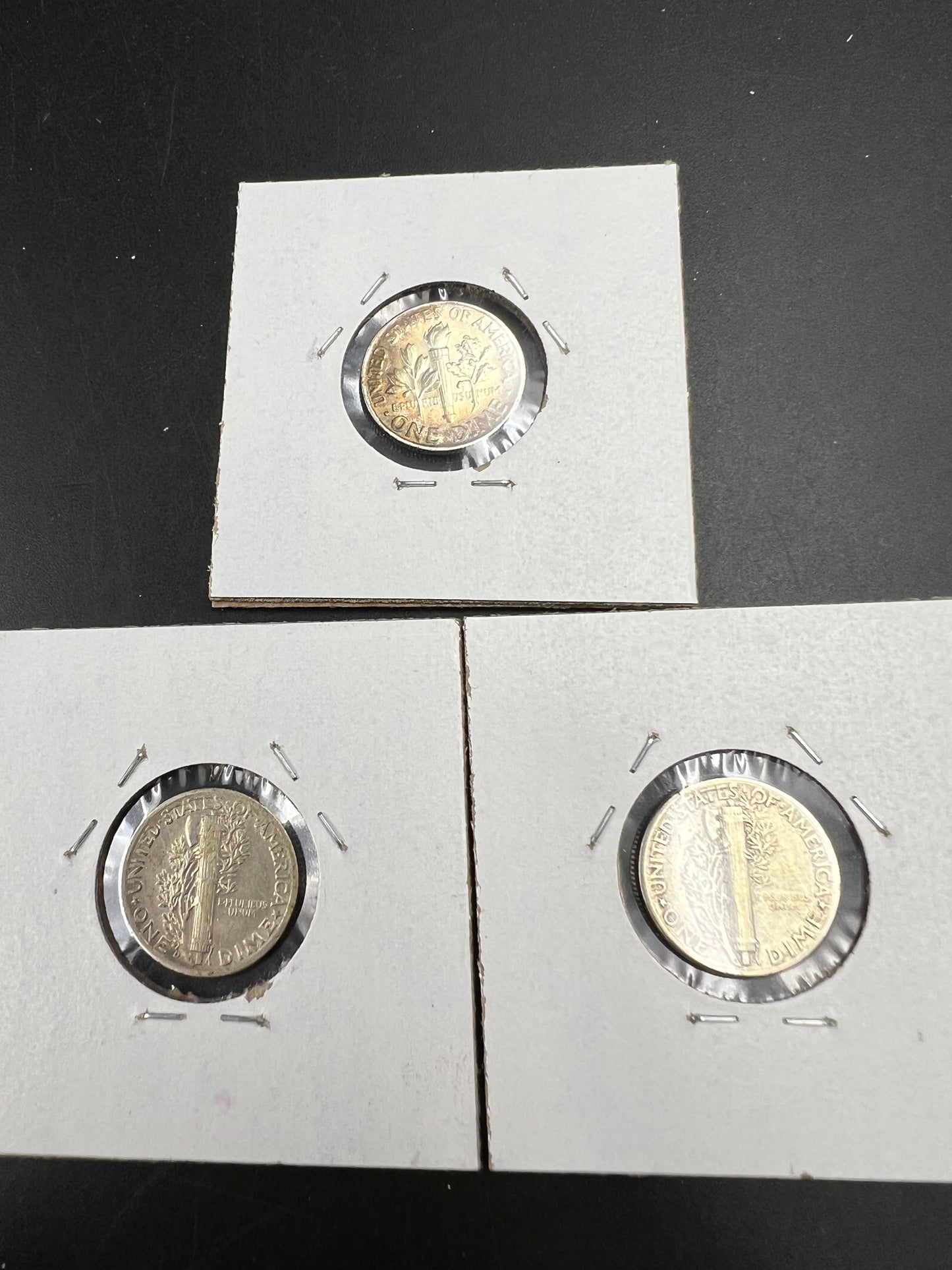 Silver Dime Toner Trio 1937 D & 1944 Mercury Circ Toner Dimes & 1964 Roosevelt Amber toner UNC