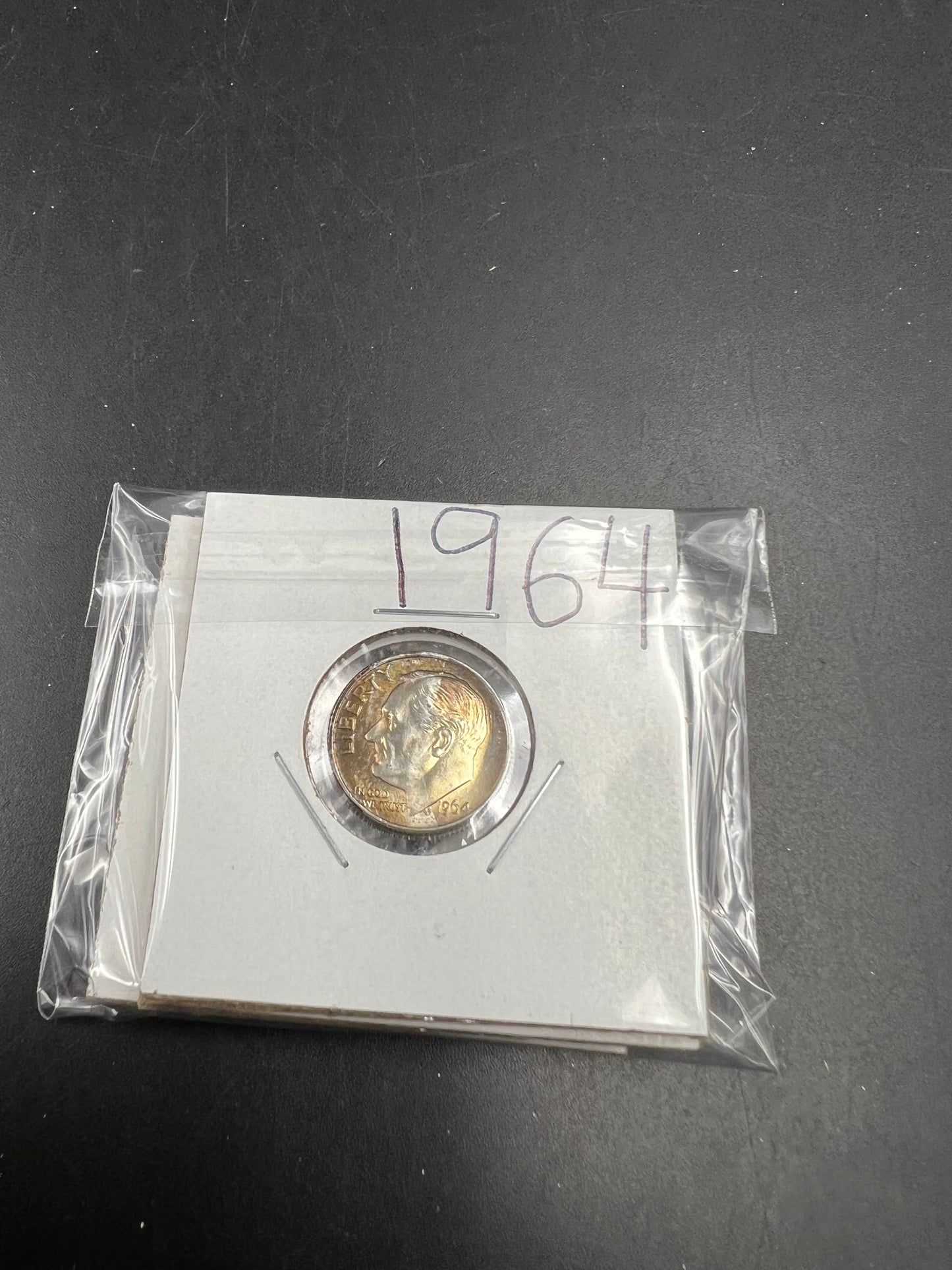 Silver Dime Toner Trio 1937 D & 1944 Mercury Circ Toner Dimes & 1964 Roosevelt Amber toner UNC