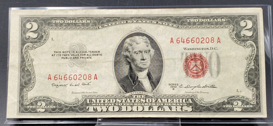 1953 B $2 United States Currency Legal Tender Note Red Seal VF REPEATER #2