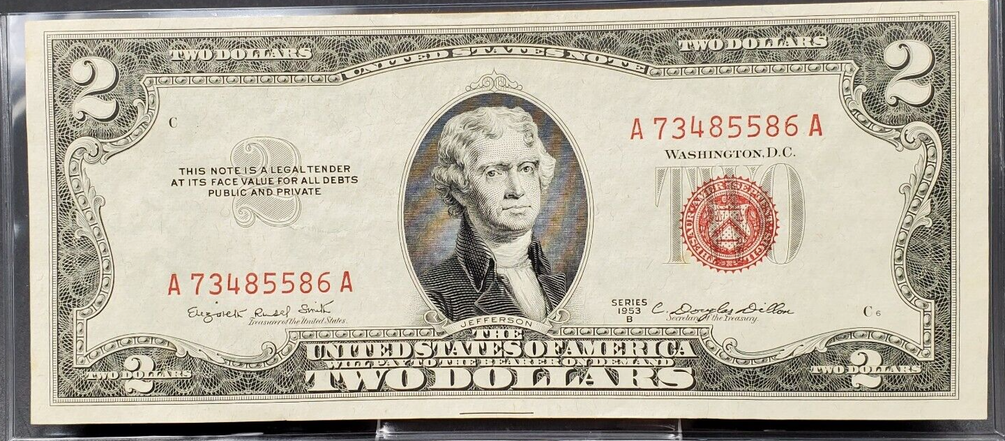 1953 B $2 United States Currency Legal Tender Note Red Seal CHOICE XF EF / AU