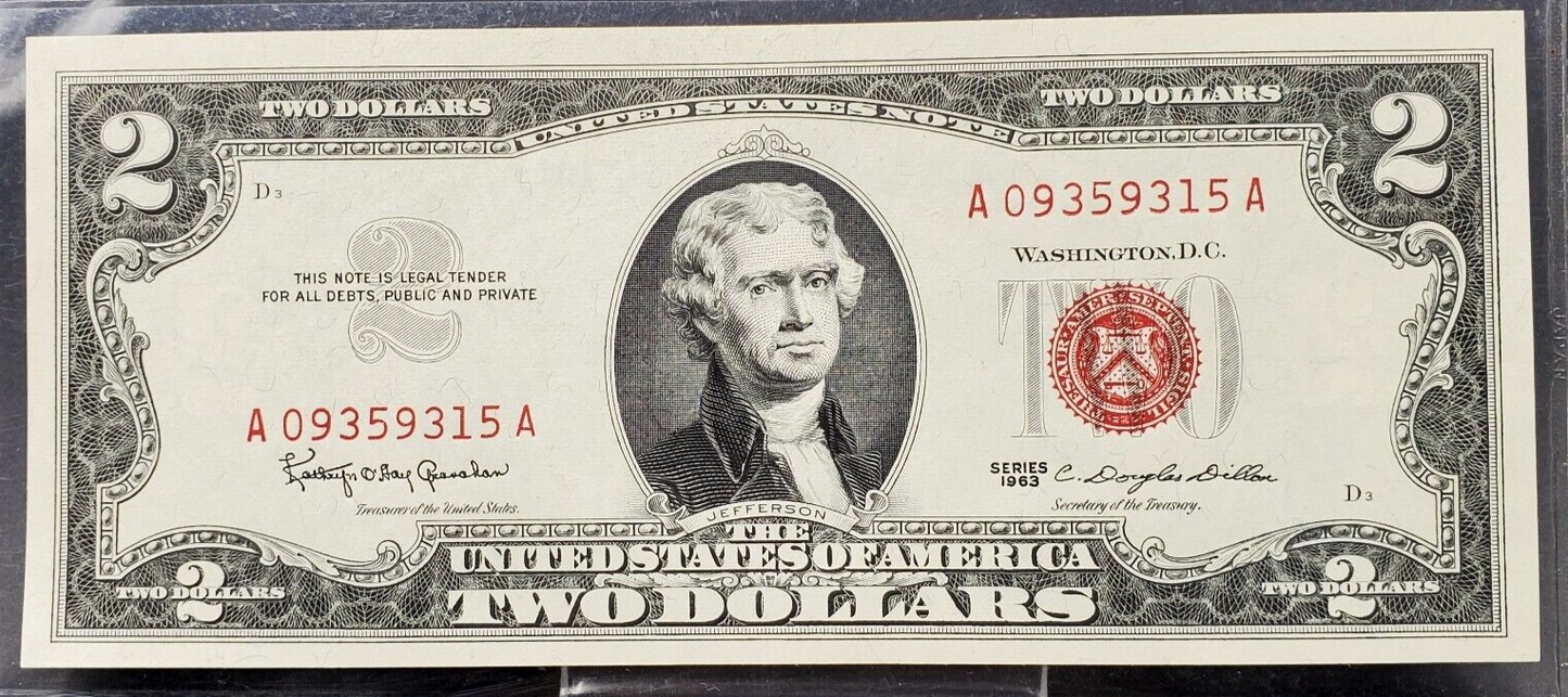 1963 $2 Red Seal Legal Tender CH Unc Note MATCHING # 3 D BLOCK PLATE NUMBERS