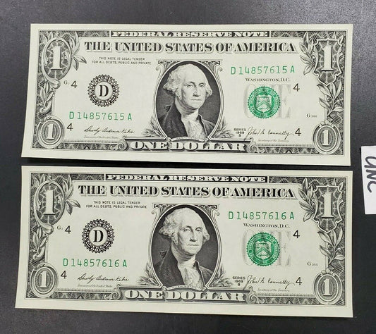 Lot 2 Consecutive 1969 B $1 CH UNC FRN Federal Reserve Bill Note Uncirculated 4