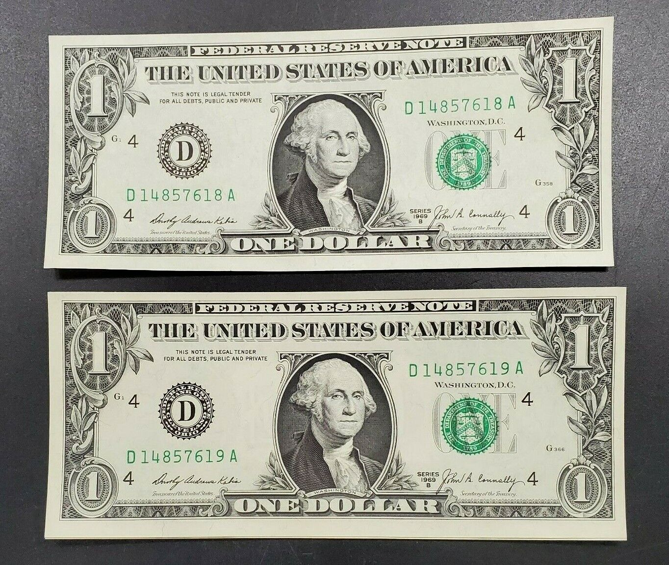 Lot 2 Consecutive 1969 B $1 CH UNC FRN Federal Reserve Bill Note Uncirculated 2