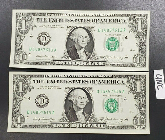 Lot 2 Consecutive 1969 B $1 CH UNC FRN Federal Reserve Bill Note Uncirculated 3