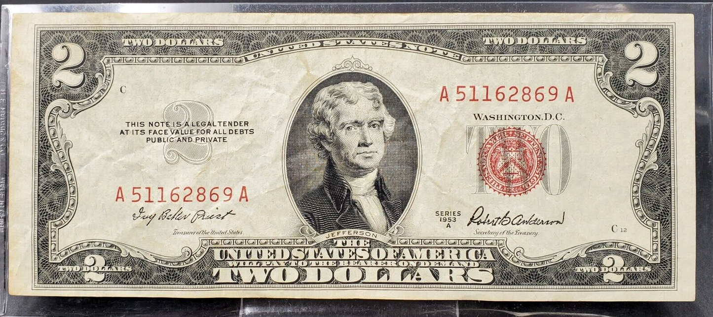 1953 A $2 United States Currency Legal Tender Note Red Seal Circ Choice XF