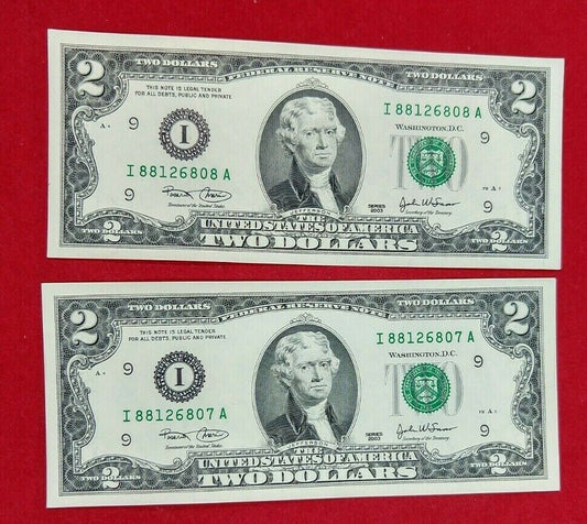 2 CONSECUTIVE $2 2003 FRN FEDERAL RESERVE NOTE CH UNC US BILL REPEAT SERIAL #