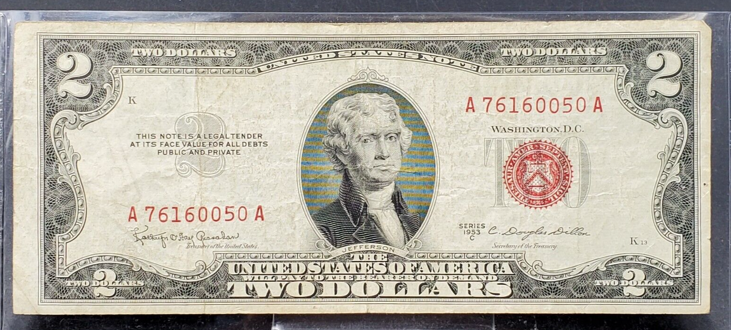 1953 C $2 United States Currency Legal Tender Note Red Seal Choice Fine /  VF