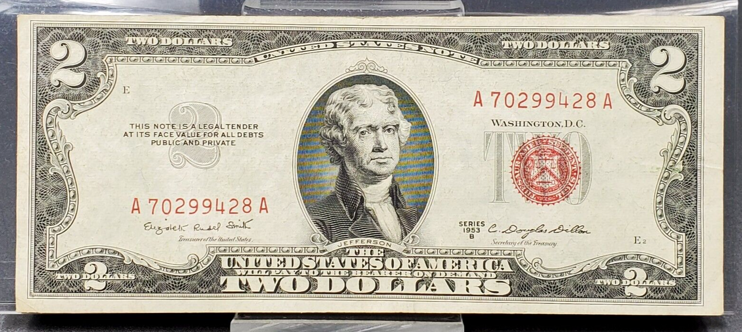 1953 B $2 United States Currency Legal Tender Note Red Seal Choice VF Very Fine