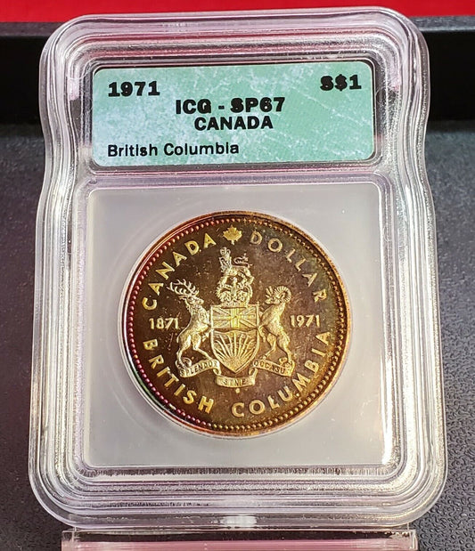 1971 CANADA BRITISH COLUMBIA SILVER $1 DOLLAR ICG SP67 NICE TONING TONER