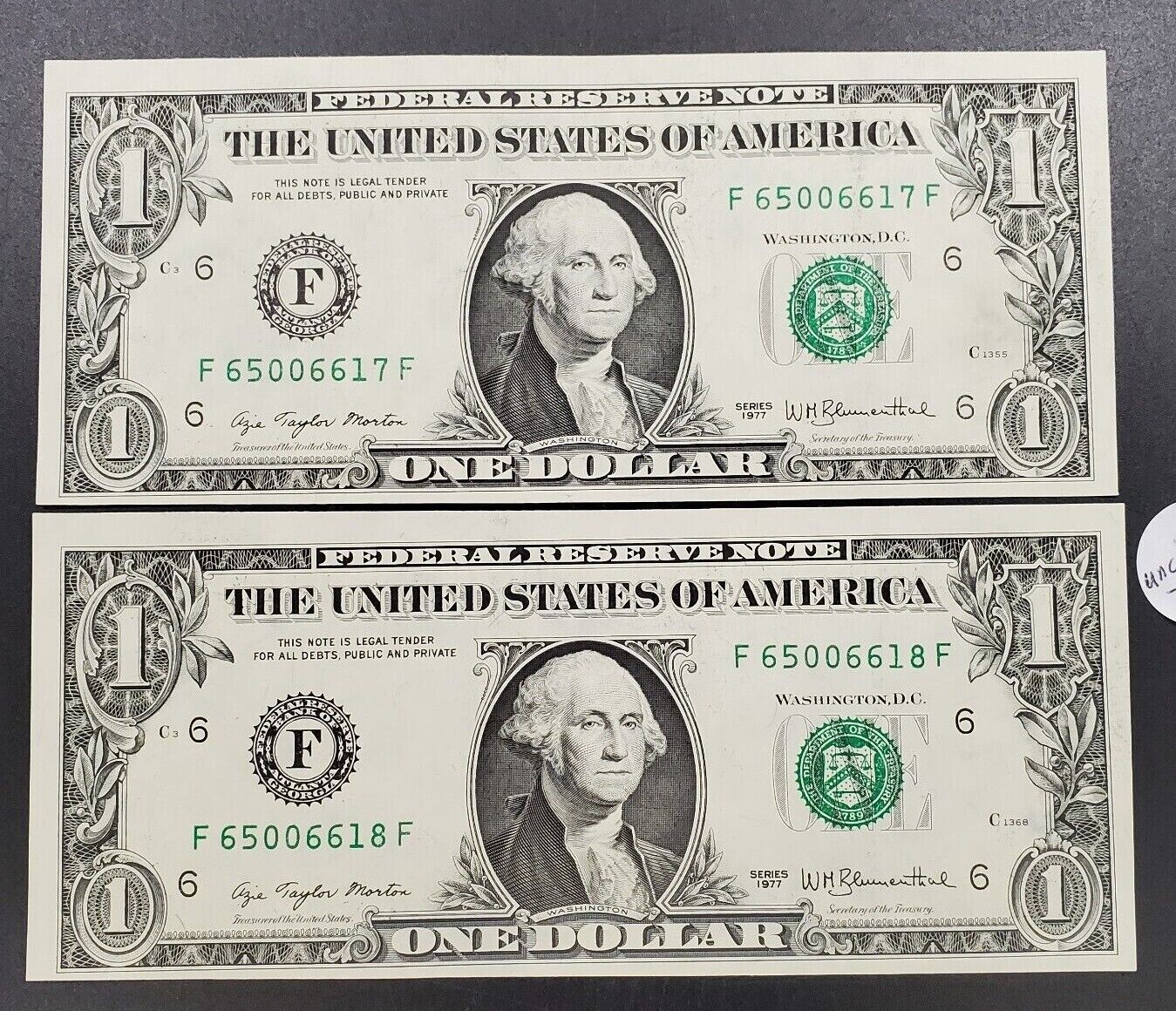2 Consecutive 1977 $1 FRN ATLANTA UNC Note Green Seal Bill Repeat Serial #