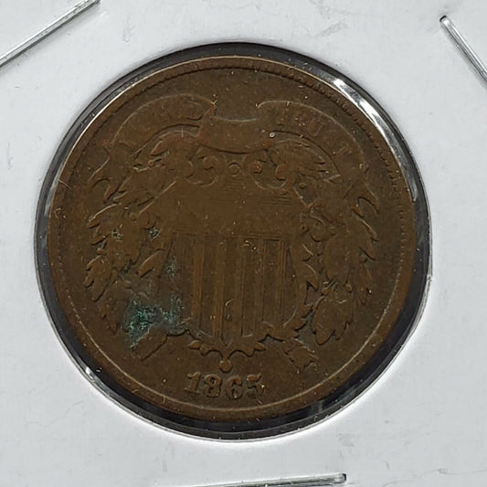 1865 2C Two Cent Copper Coin Piece VG Details ED Circulated