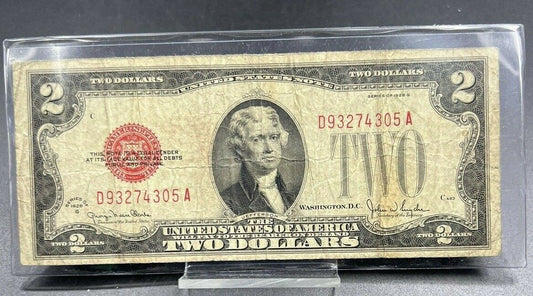 1928 $2 G Legal Tender MULE Note MACRO+MICRO PT Bill Red Seal US Currency G / VG