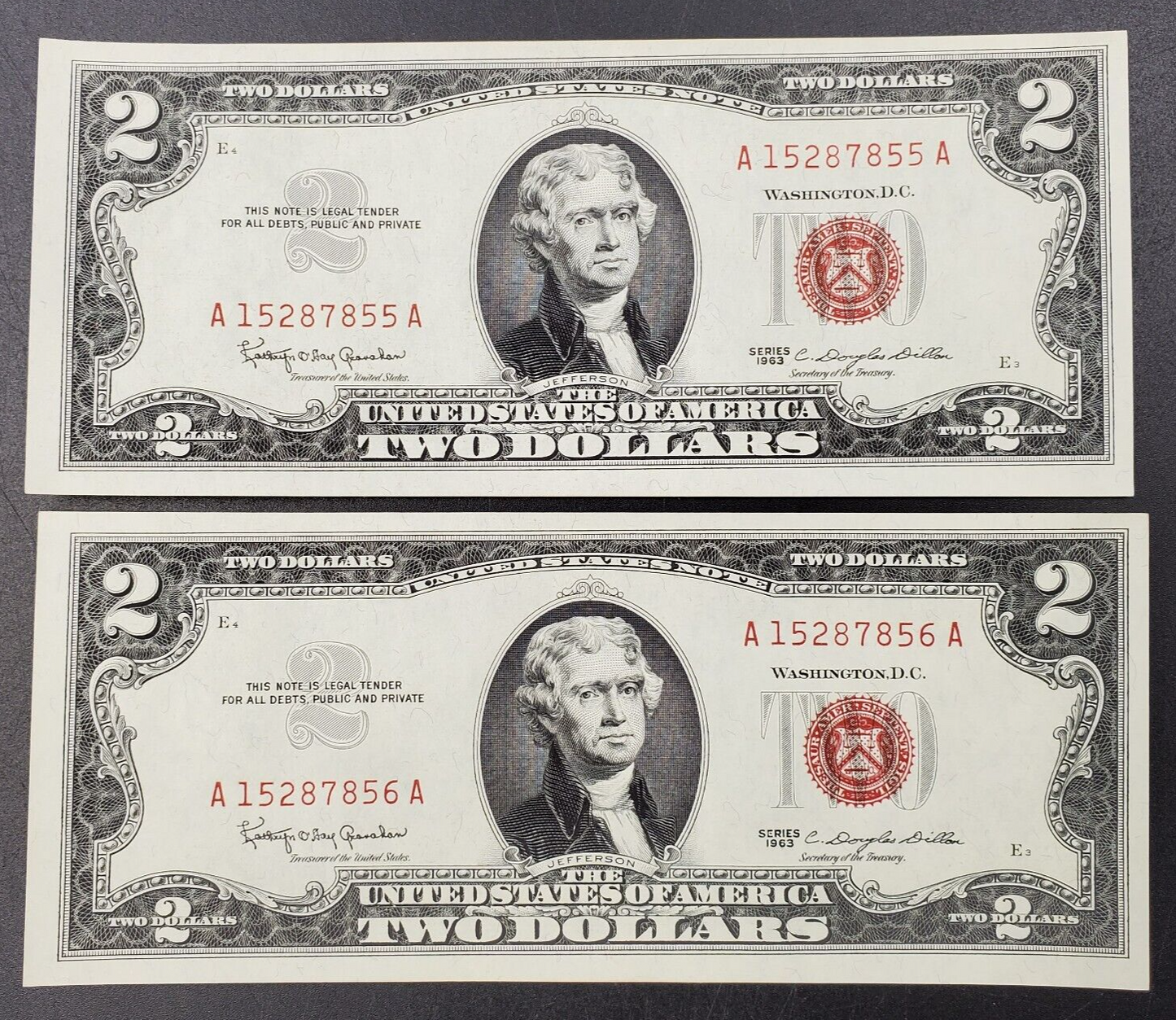 2 NOTE CONSECUTIVE SET 1963 $2 Red Seal Legal Tender Uncirculated Note Bills