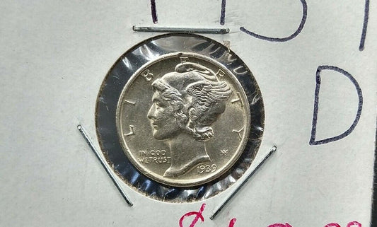 1939 D Mercury Silver Dime Coin Choice AU About UNC Nice