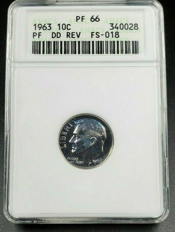 1963 P Roosevelt Proof Silver Dime Variety ANACS PF66 FS-803 DDR PQ Blue Toning