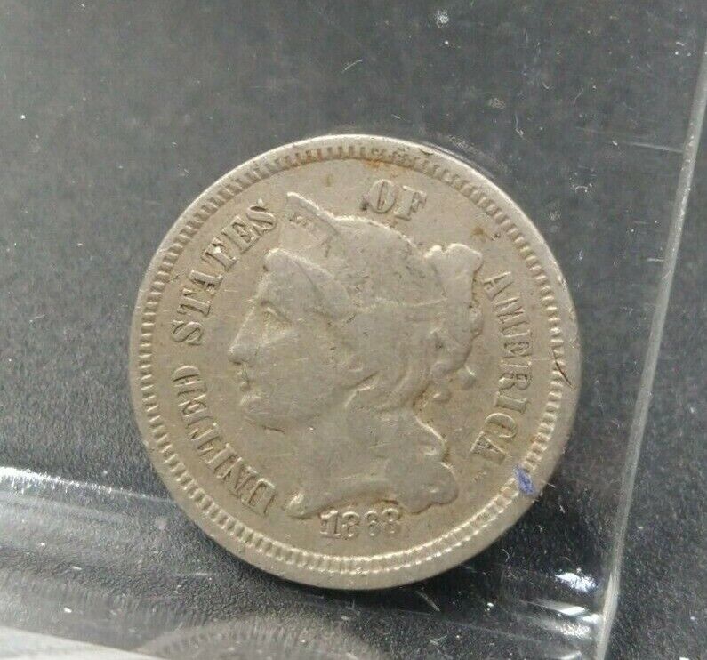 1868 P 3c Liberty Three Cent Nickel Coin Choice Fine / Very Fine VF Circulated