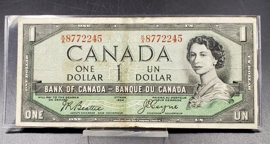 1954 Bank of Canada $1 - Devil's Face Note S/N: K/A8772245 Repeat Serial #