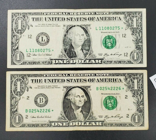 Lot of 2 2006 $1 FRN Federal Reserve STAR NOTE * CIRCULATED Low Serial