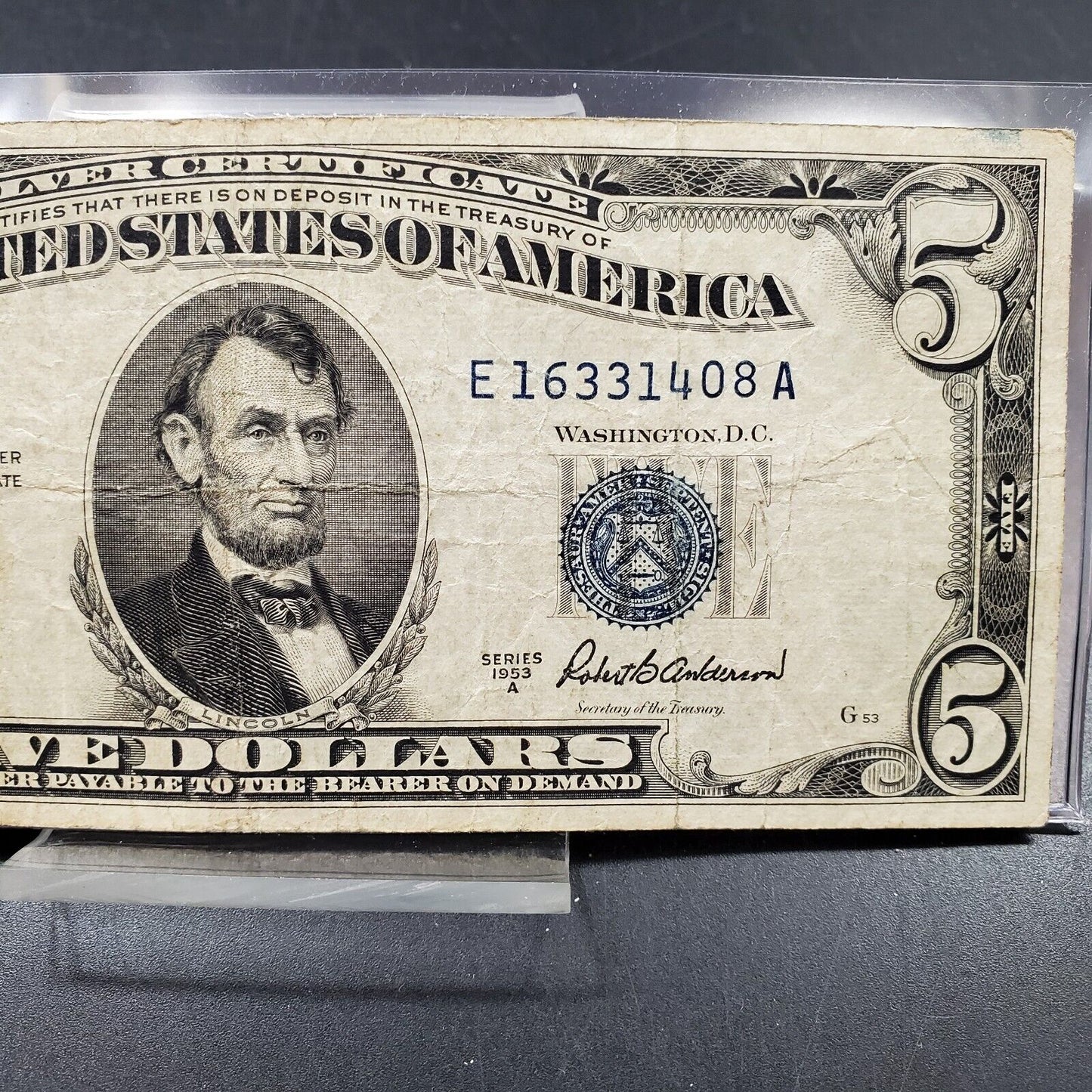 1953 A $5 Silver Certificate Blue Seal US Currency Bill AVG CIRC Neat Serial #