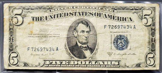 1953 B $5 Silver Certificate Blue Seal US Currency Bill Circulated Detail