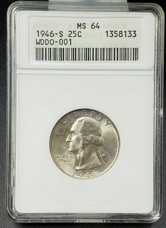 1946 S Washington Quarter Variety #133 ANACS MS64 DDO-001 DMR-002 Double Die OBV