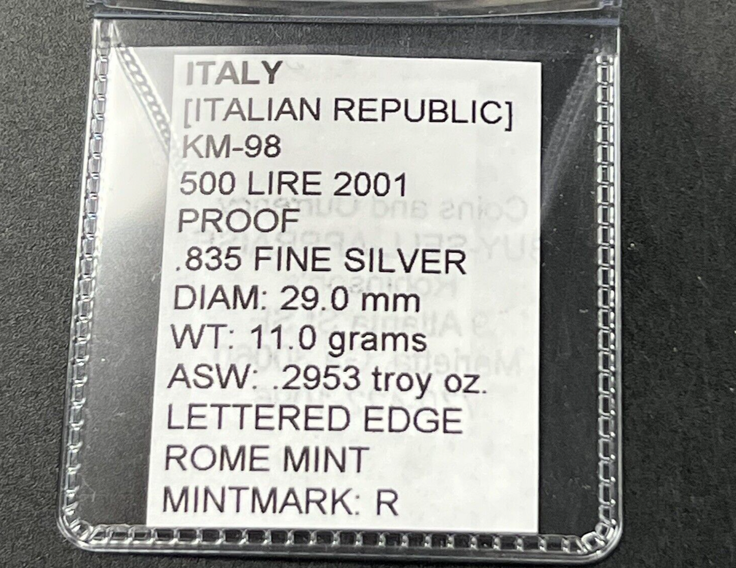2001 Italy 500 Lire Silver Choice Proof Coin KM-98 Rome Mint
