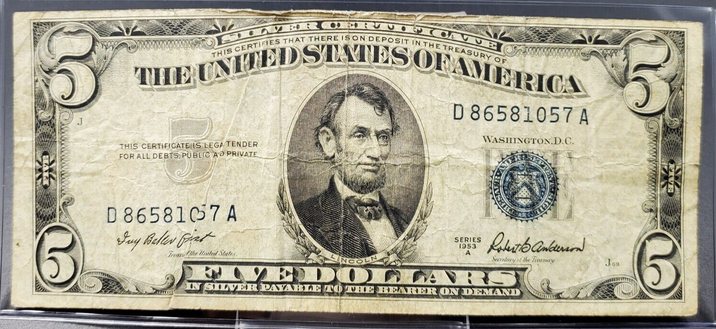 1953 A $5 Silver Certificate Blue Seal US Currency Bill Circ CH VG / FINE