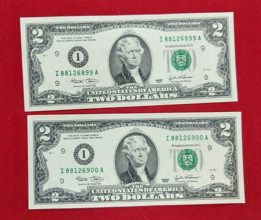 2 CONSECUTIVE 2003 $2 FRN FEDERAL RESERVE NOTE CH UNC REPEAT SERIAL # END CAPS