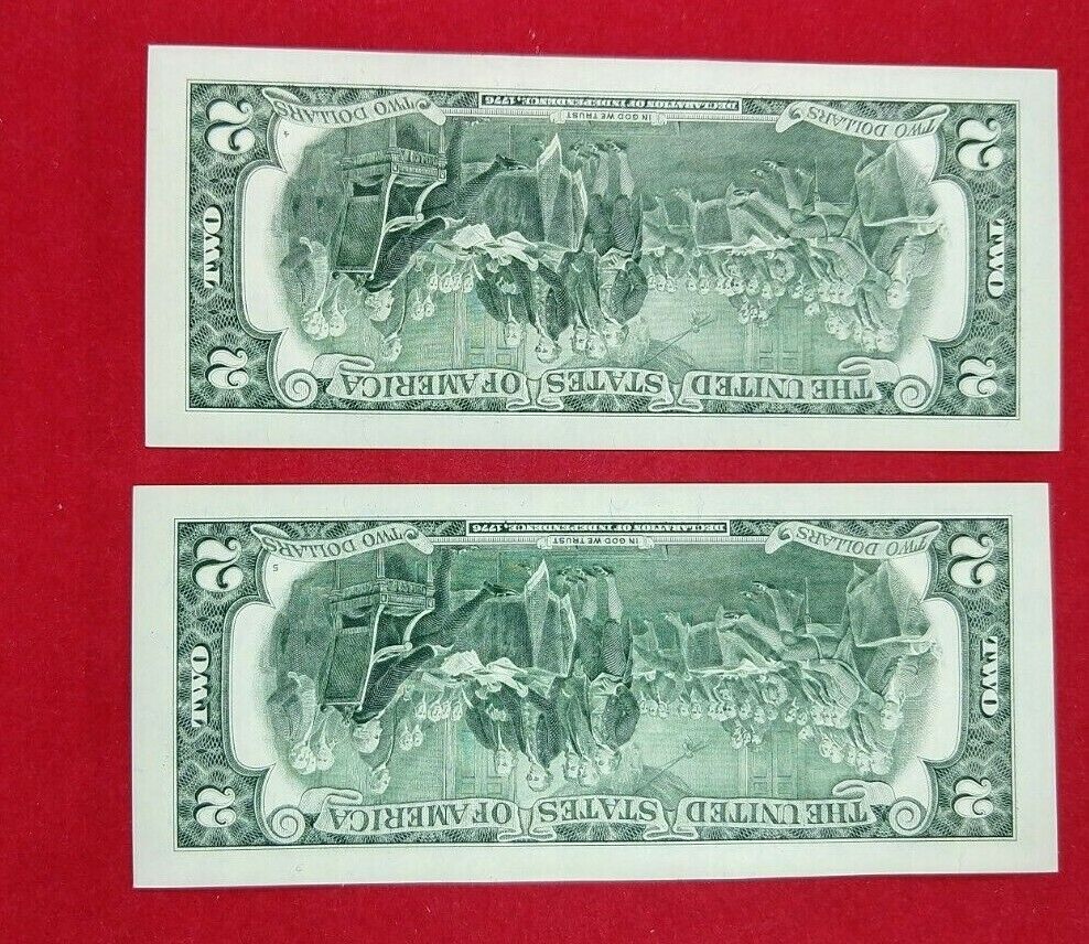 2 CONSECUTIVE 2003 $2 FRN FEDERAL RESERVE NOTE CH UNC REPEAT SERIAL # END CAPS