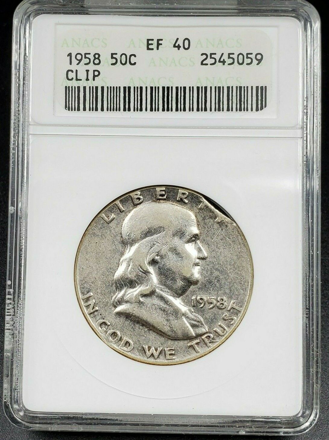 1958 Franklin Half Dollar Error Coin ANACS CERTIFIED EF40 Planchet Clipped Clip