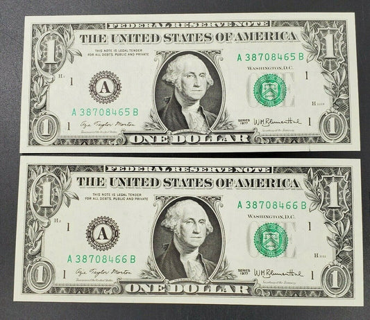 2 CONSECUTIVE 1977 $1 FRN Federal Reserve Note Bill CH UNC Boston District