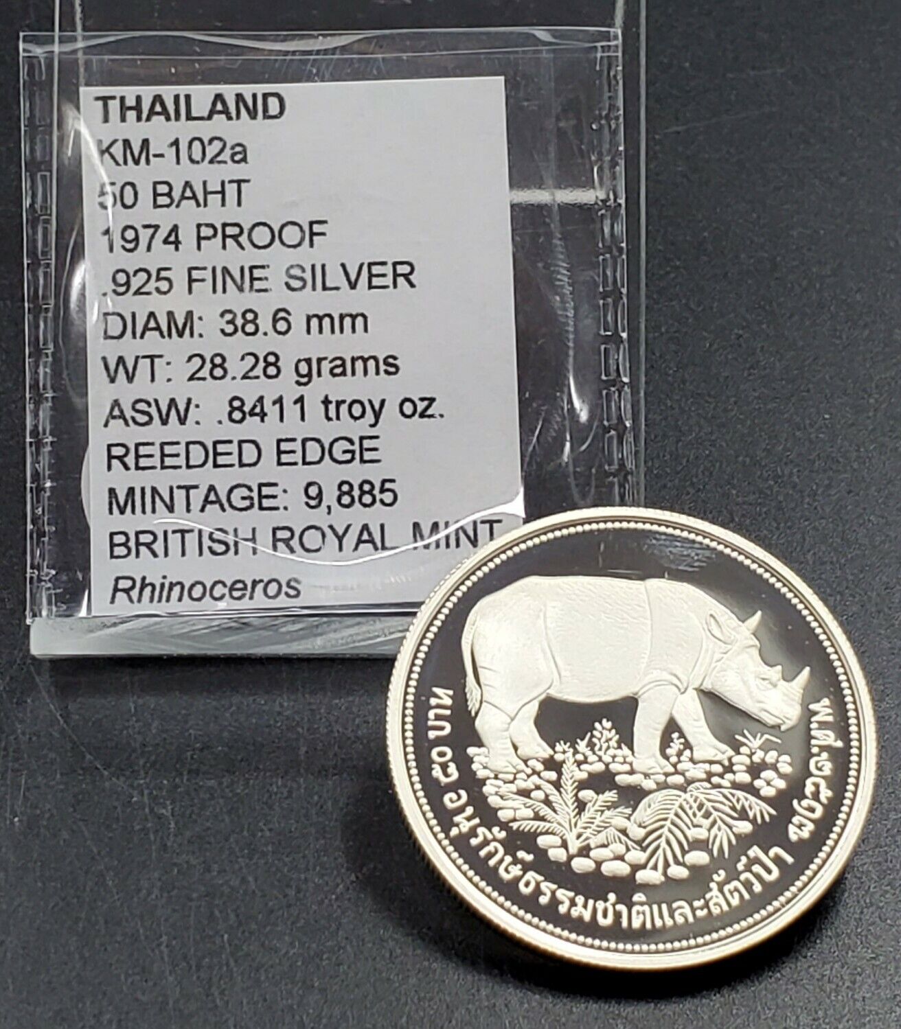 1974 Thailand 50 Baht WWF Conservation Sumatran Rhino Silver Proof Coin