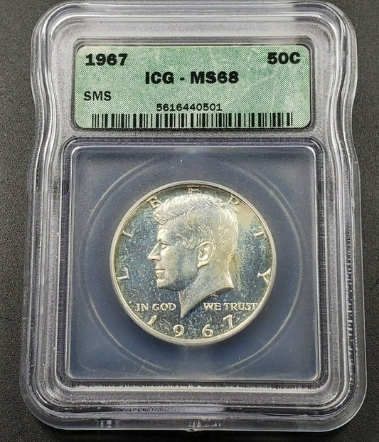 1967 P SMS Kennedy Silver Half Dollar Coin MS68 ICG Light Blue Toning Nice