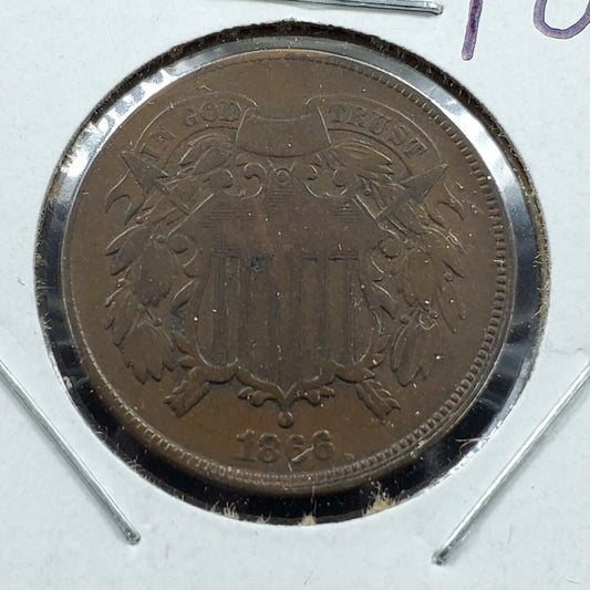 1866 2C Two Cent Copper Coin Piece Circulated Condition Slight Die Misaligned