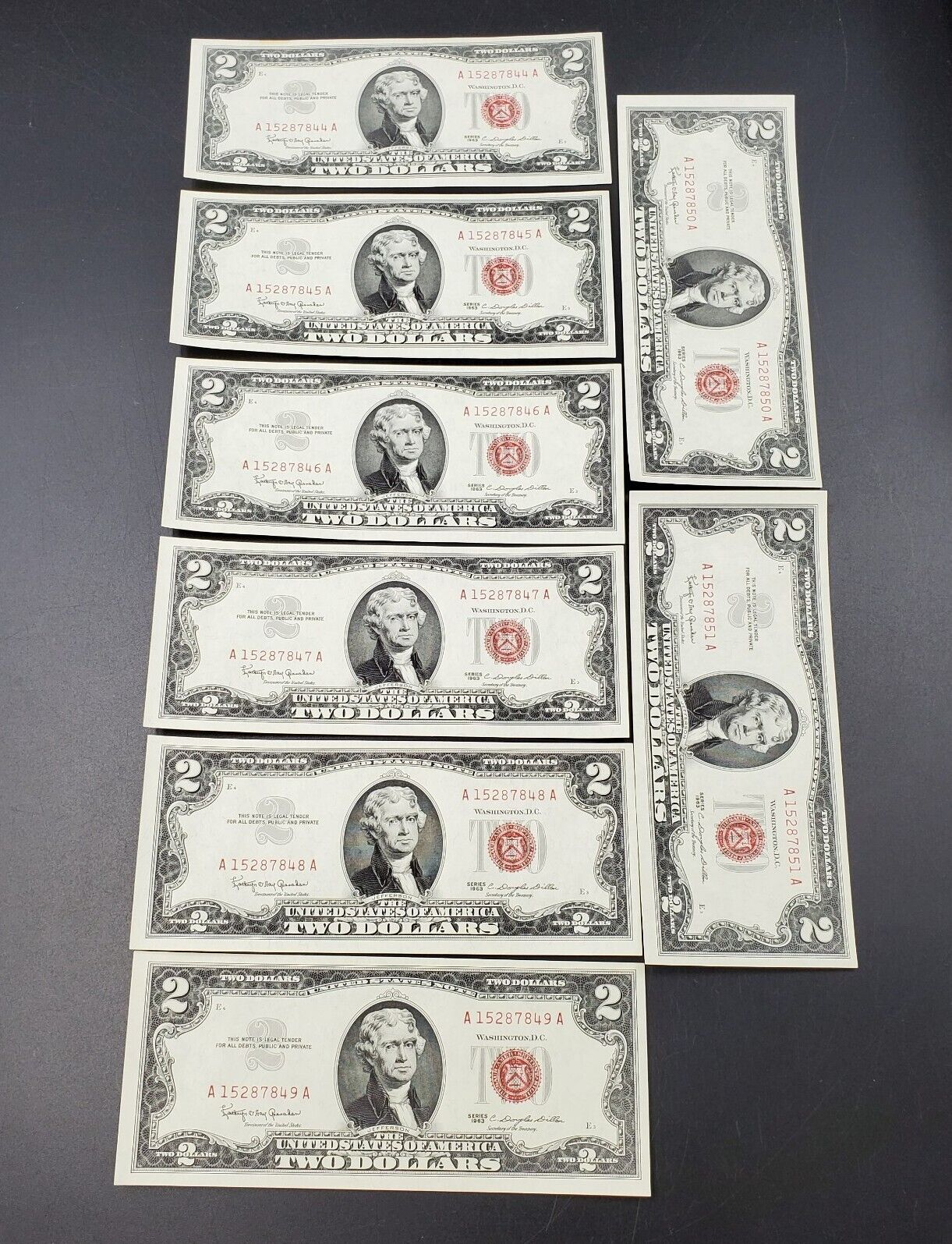 8 NOTE CONSECUTIVE SET 1963  $2 Red Seal Legal Tender Uncirculated Note Bills