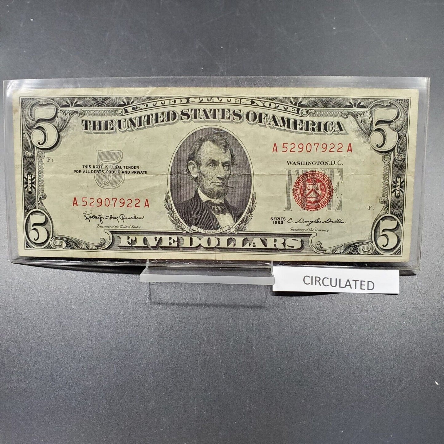 1963 $5 Five Dollar United States Red Seal Note CH VG / FINE