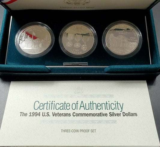 1994 US Veterans 3 Coin Silver Dollar Proof Commemorative Set OGP BOX COA