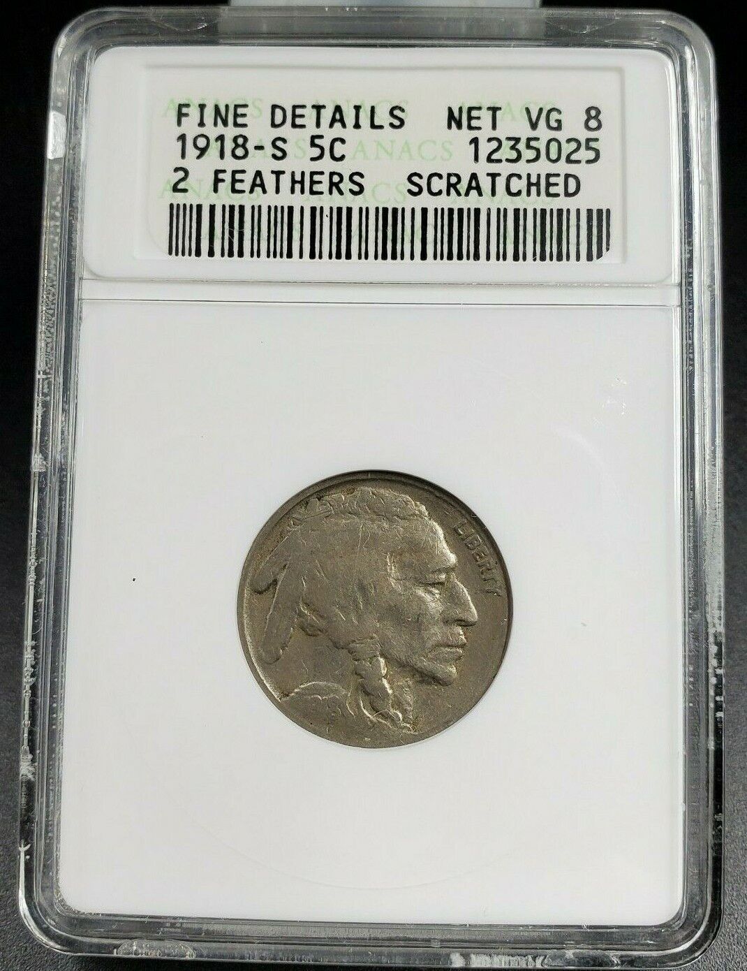 1918 S Buffalo Nickel Variety ANACS FINE Details FS-401 2 Feathers ERROR COIN