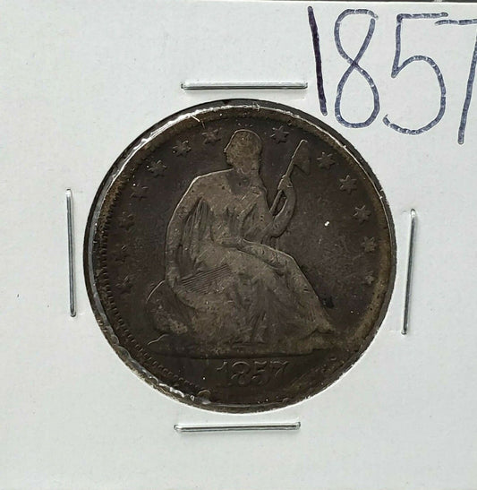 1857 50c Liberty Seated Silver Half Dollar Coin Average G Good Circulated Toned